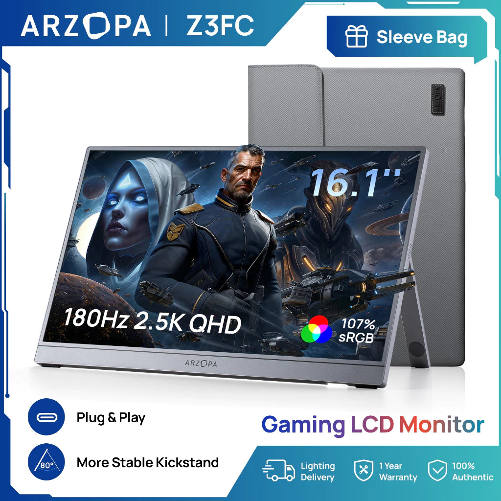 ARZOPA 16.1 180Hz Portable Monitor-Z3FC Gray, 107% sRGB 2.5K Kickstand Portable Monitor with HDR